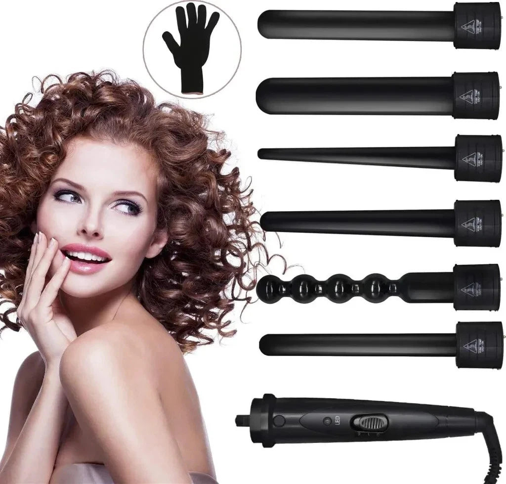 6 in 1 Lockenstäbe, Schwarzes Lockenwickler-Set, 6 Austauschbare Stäbe